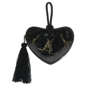 SAINT LAURENT PARIS YSL logo heart fringe clutch bag Shoulder black embossed